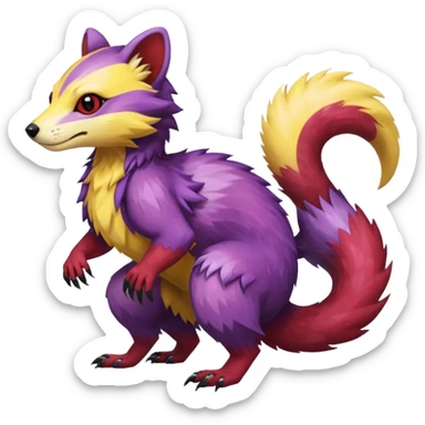 Purple, red, yellow Trico-Sergal-Furret-Ferret-Wolverine-Vernid-fusion-Fakemon-animal-hybrid-creature, full body sticker