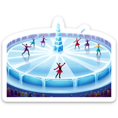 An icon of a theatrical ice show with costumed figure skaters performing a dramatic scene on a glowing ice stage. Spotlights, colorful scenery, and a cheering audience in a grand arena convey the magic and artistry of the ice performance. Transparent background included. sticker