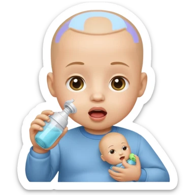 baby emoji with a clean-shaved head and a feeder (baby bottle) in its mouth sticker