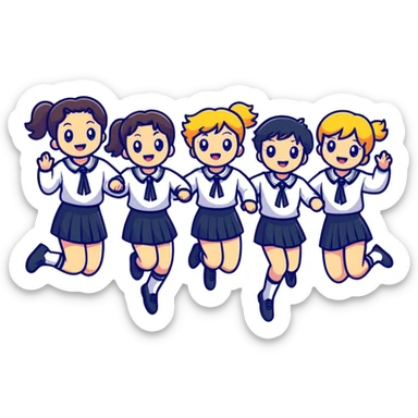 six girls in school uniforms jumping together sticker