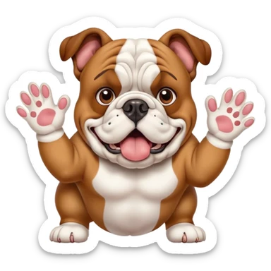 British bulldog dog with paws out in front of face in a surprised pose sticker
