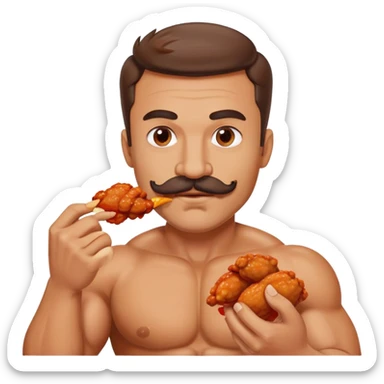 super jacked guy with a mustache eating hot wings sticker