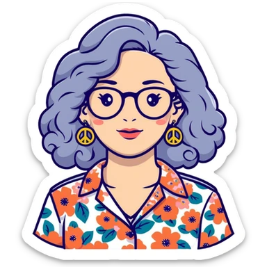 Hippie woman with long curly flowing gray hair and glasses wearing floral shirt and peace earrings sticker