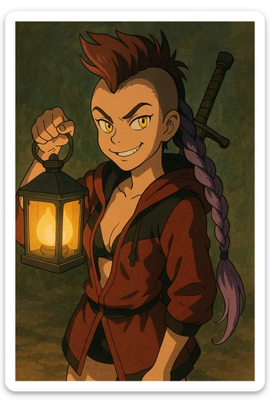 A sword maiden, mohawk, long braid with lavender tips hair, gold yellow eyes, blood red and black revealing hoodie, brandishing a lantern. Mischievous smirk sticker