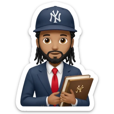 African American man with shoulder length black dreadlocks with black beard wearing a New York Yankees logo baseball cap wearing a suit with red tie walking to the right holding a bible sticker