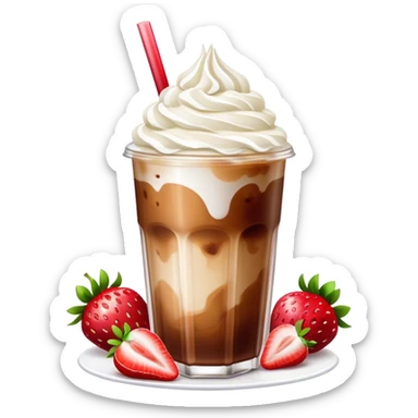 iced coffee drink with strawberry syrup, milk, whipped cream and strawberry pieces on top sticker