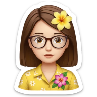 female with white skin. Shoulder length straight brown hair. Brown eyes with glasses. Hawaiian Flower in hair. Female wearing baby yellow shirt. sticker