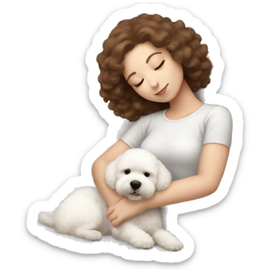 White girl brown hair sleeping with Mini Bichon sticker