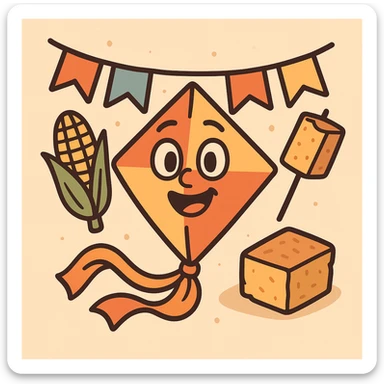 festa junina icon with a cheerful face, bunting, and traditional foods, flat icon style sticker