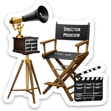 Icon for Directing: professional collage with director's chair, a film slate, a megaphone, a stack of script papers and an Oscar statuette. The icon should represent the creative and leadership aspects of directing, with focus on film and theater production. Transparent background. sticker
