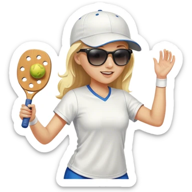 Girl with blond hair  wearing a white baseball cap and sunglasses playing pickleball sticker