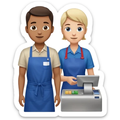 Supermarket employee at a cash register, full body, serving a man sticker