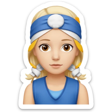 A 3D avatar of a blonde woman, who has brown eyes, is wearing a blue vest and a white headband on her head. She is looking straight at the camera. sticker
