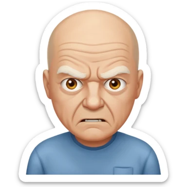 a portrait of angry elderly man, bald head, wearing shirt sticker