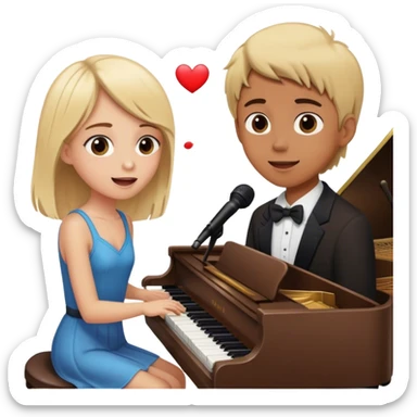 Blond girl playing piano and singing while brown haired boy has heart eyes sticker