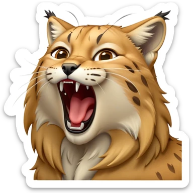 Cinematic-detailed-Yawning-Lynx-Portrait-Emoji – Head tilted slightly with a dramatic, wide-open yawn, revealing a sleek golden-brown fur coat with subtle spots, signature black ear tufts standing tall, round amber eyes barely open in drowsy contentment zoomed out to show the shoulders sticker