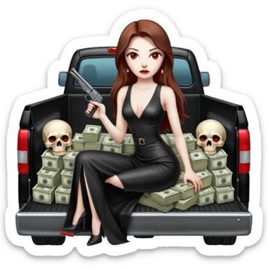Lilith symbol red eye seductress evil long brown haired sexy succubus woman with leather long dress with slit on, sitting in Big Large F350 pickup truck. Back seat full of stacks of cash, she is  Holding a human skull of her enemies and a gun in other hand sticker