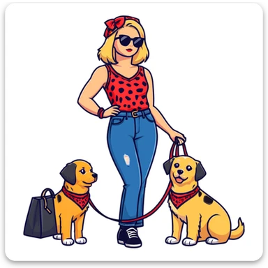 stylish woman in leopard print sleeveless top, flared jeans, sunglasses, black bag, squatting next to happy golden retriever with red bandana and blue leash, urban brick wall background, side angle sticker