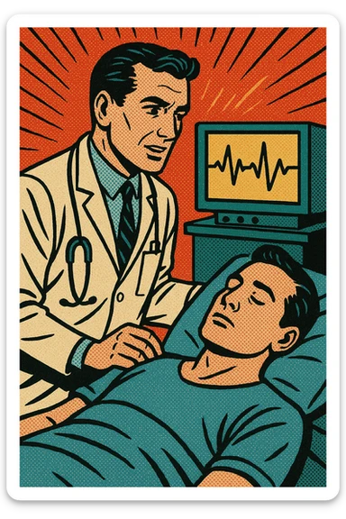 A doctor in a hospital standing in front of a heart rate monitor and a patient sticker