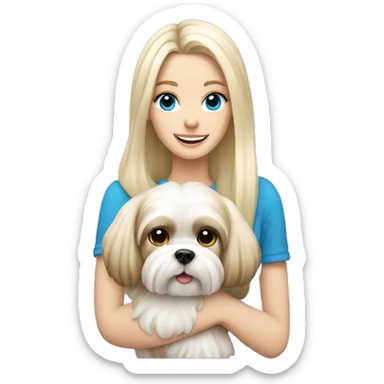 White blond girl with long hair and blue eyes holdin a shih tzu dog sticker