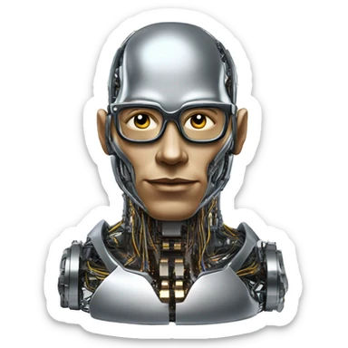 Male cyborg head with metallic plated face, flat top, glasses and circuits sticker