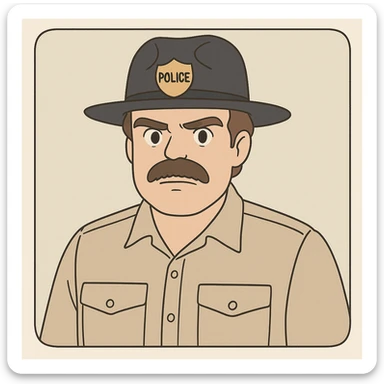Jim Hopper from Stranger Things wearing a police hat, mustache, beige shirt, protective expression, simple line art, light pastel tones, thick outlines, in Ghibli style, 1:1 format, inspired by the provided references. sticker