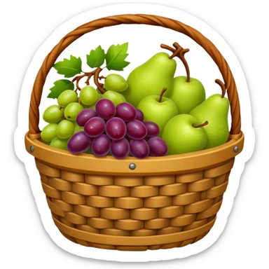 medieval fruit basket object icon, grapes apples pears, woven basket, rustic medieval vibe, 3D cartoon, mobile game icon style, clean background, no text, no watermark
 sticker