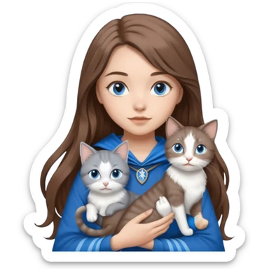 gorgeous Girl with light skin, blue eyes, long brown hair, wears a ravenclaw outfit, with a grey and white cat holding in her arms sticker