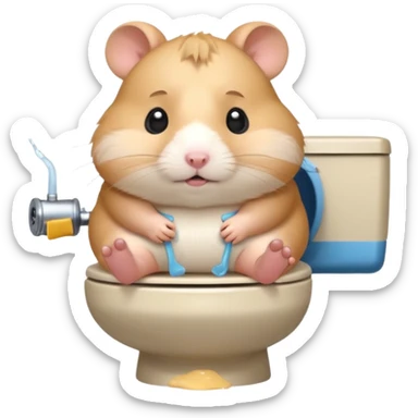 Cute chubby cartoon-style hamster sitting on toilet looking as if he had an accident, sticker-style illustration sticker