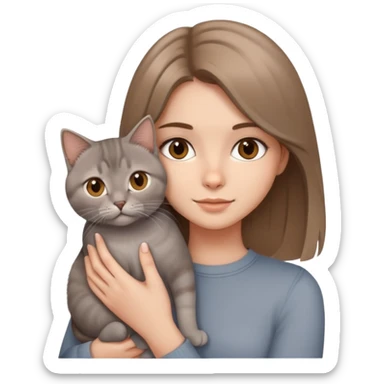 a pretty girl with brown eyes and light brown medium-length hair with a grey British cat in her arms sticker