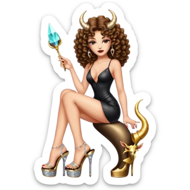 seductress evil brown curly haired sexy drug lord woman with clear glittery platform heels on her feet and horns on her head, holding  sticker