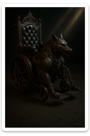 Add a gothic steampunk wolf detail to the wheelchair, keeping ornate gears, dark metal, Victorian details, and dramatic lighting. The style should evoke a dark, intricate, and mysterious gothic steampunk aesthetic with mechanical and Victorian elements. sticker