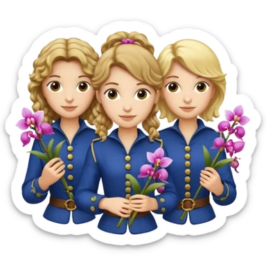 3 female musketeers, one with brown curly hair, one with straight blond hair, one with blond hair in pony tail, all holding orchids sticker