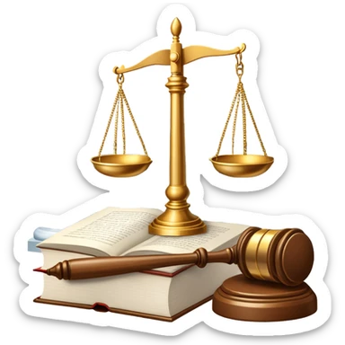 An icon featuring scales of justice, a gavel, and a legal book, symbolizing the study of law. The design includes courthouse pillars in the background, representing authority and legal systems. Transparent background highlights the principles of justice, order, and legal education. sticker