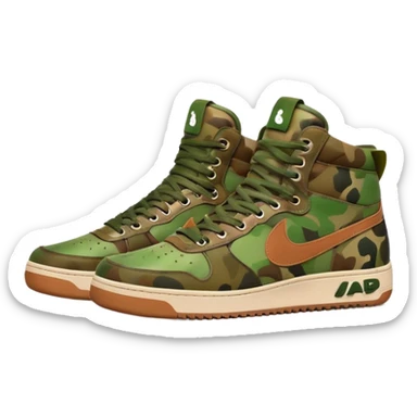 Bape sneaker with classic camo pattern in green and brown colors, high top sneaker with ape logo on the side sticker
