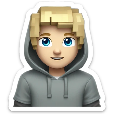 a young blond man with gray-blue eyes is dressed in a gray hoodie with a creeper from Minecraft on it sticker