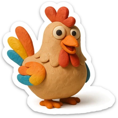 hen with colorful feathers and playful expression in claymation style sticker