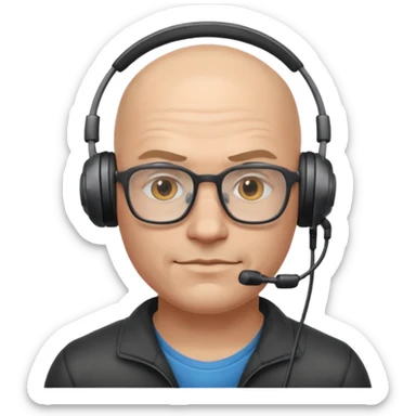 gamer with glasses, bald and muscular, with headset sticker