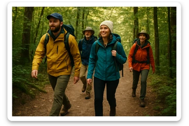 a group of gentlemen and ladies hiking, all in outdoor clothing, on a forest trail sticker