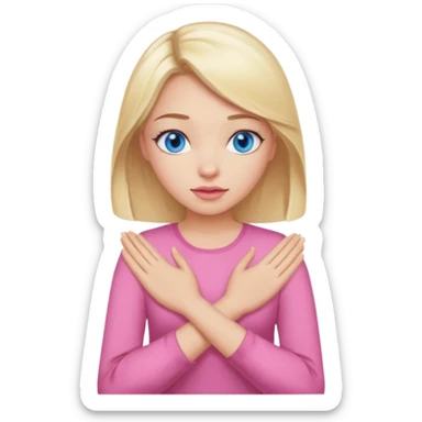 A girl with blue eyes, full lips and blonde hair in a pink blouse shows no with her hands, crossing them sticker