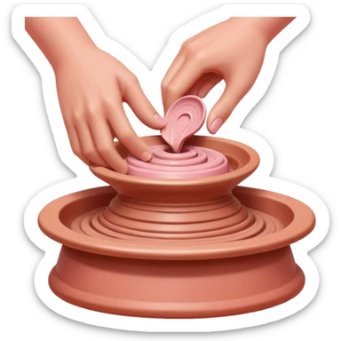 thumbs pressing downward into the center of pink clay to open it on a spinning pottery wheel sticker