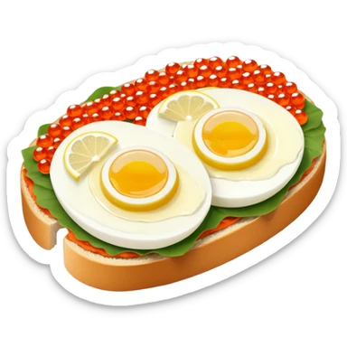 open sandwich with butter, boiled half egg, slice of lemon, red caviar sticker