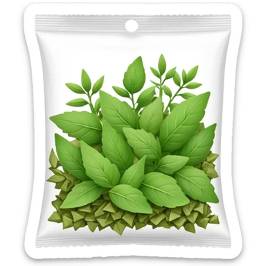 small plastic pack with green dried herbal leaves which are clumped together  sticker