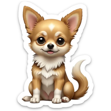 cinematic-[chihuahua dog]-realistic-full-body-sitting-emoji,-tail-resting-loosely-beside-its-paws,-head-tilted-dramatically,-scruffy-[black and tan and white]-fur,-simplified-yet-realistic-focused-features,-highly-detailed,-glowing-with-an-almost-sarcastic-glow sticker
