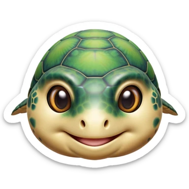 Cinematic Cute Sea Turtle Portrait Emoji, Head tilted playfully and inquisitively, featuring a charming, compact form with a beautifully patterned, domed shell and gentle, sparkling eyes full of oceanic wonder, Simplified yet irresistibly adorable features, highly detailed, glowing with a warm, friendly sea glow, high shine, affectionate and lively, stylized with a touch of whimsical marine charm, soft glowing outline, capturing the essence of a mischievous yet loving sea turtle that seems as if it could swim out of the screen into your arms! sticker