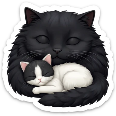Big black cat is sleeping with a small white cat sticker