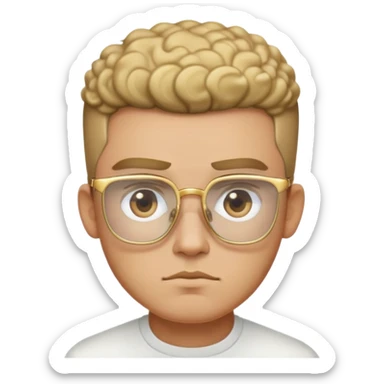 Man with angular square face, thick straight eyebrows, short fade haircut with faded sides and curly top, light stubble, neutral serious expression, wearing large square gold glasses sticker