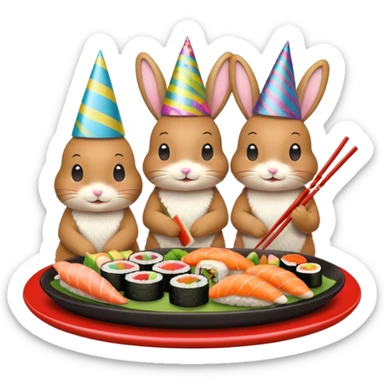 four bunnies together eating sushi at a birthday party, all four bunnies clearly visible, vibrant, sushi platters, birthday banner, party hats, festive, different poses, emoji style sticker