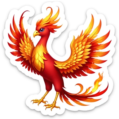 Cinematic Noble Mystical Fire Phoenix Portrait Emoji, Poised and resplendent, with a radiant, fiery plumage in brilliant hues of scarlet, gold, and ember, featuring elongated, elegant tail feathers that flow like molten lava, and piercing, wise eyes reflecting the eternal cycle of rebirth; rendered with lifelike texture and luminous natural highlights, high shine, majestic and awe-inspiring, styled with an aura of mythic resurgence, focused and regal, soft glowing outline, capturing the essence of a legendary phoenix rising from the flames with timeless grace! sticker