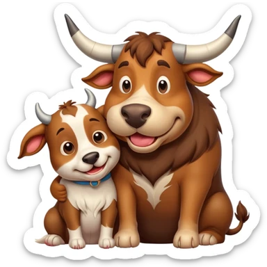 goofy bull with a single horn in the middle of its head hugging a dog sticker